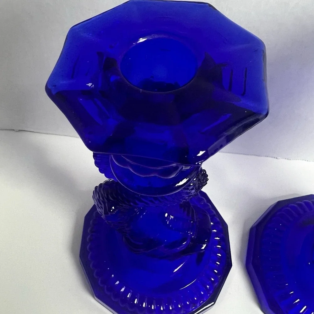 Vintage Cobalt Blue Glass Bearded Koi Tapered Candle Stick Holder Set of 2